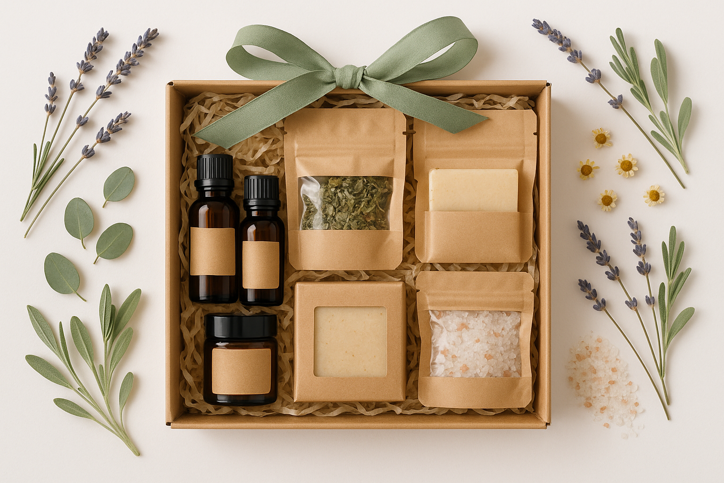 And open Kraft Gift set of Aromatherapy products, herbal tea, soap and bath salts. The product inside is packaged in dark mirron glass bottles, kraft pouch and kraft soap box. There is sage green ribbon around the box. And around the image is natural herbs