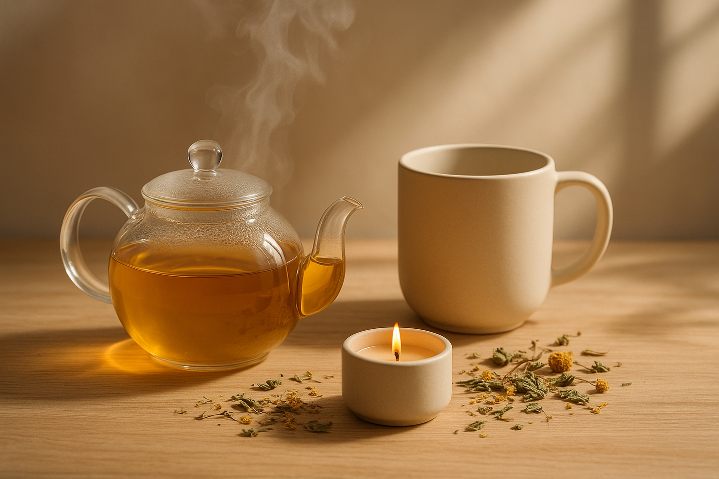 Create a lifestyle image for a herbal tea in a glass tea pot with a cream ceramic mug a small 2.5oz candle in a cream vessel
