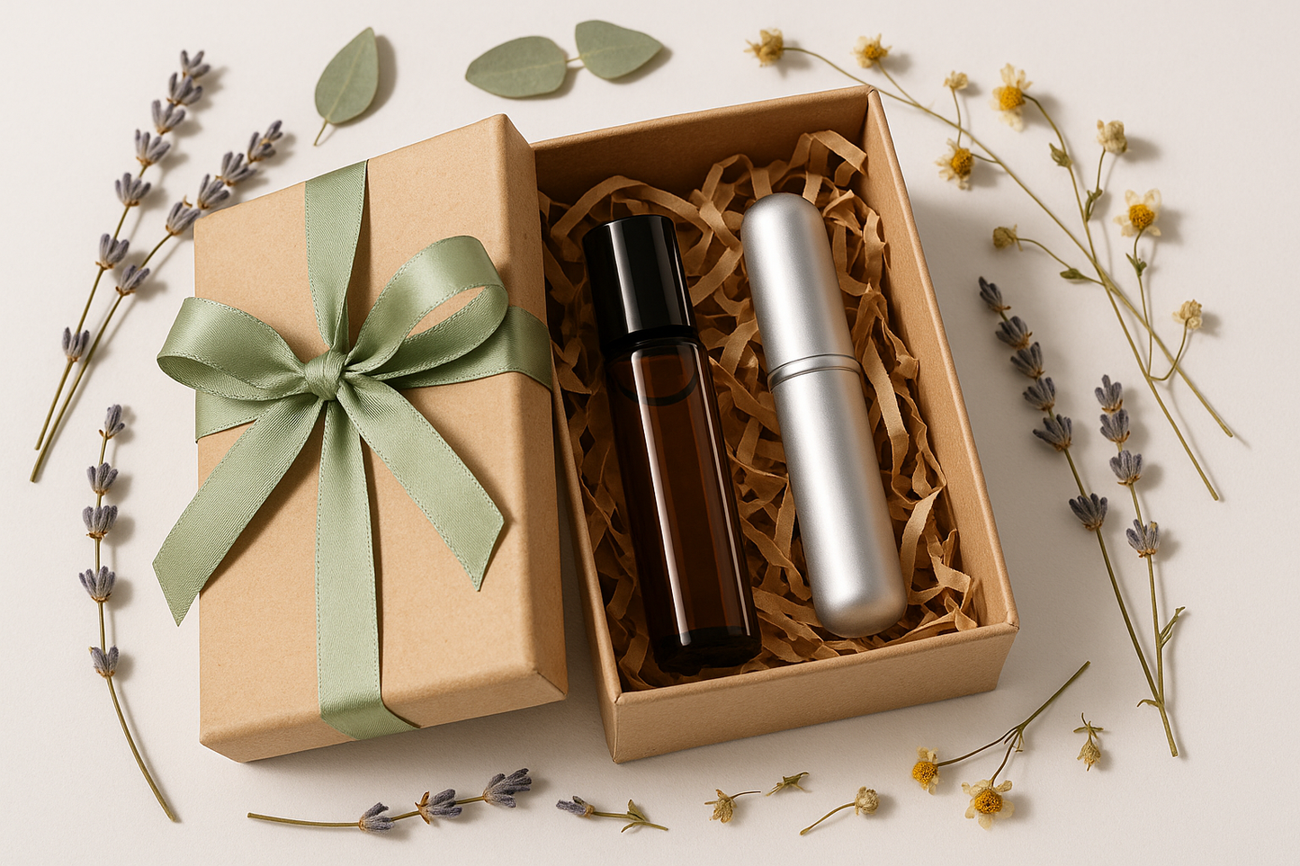 Create an image of a kraft box with a sage green ribbon containing an amber rollerball and an aluminum reusable inhaler with natural herbs scattered around