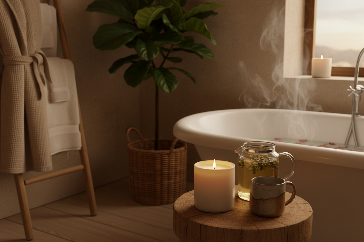 A home bathroom spa setting in the evening with a 12oz cream Matt canlde on a small wood stool by the bath. On the stool also a glass herbal tea pot and a stoneware mug.  There is a large plant in the background in a wicker pot.  There are soft towels near the bath