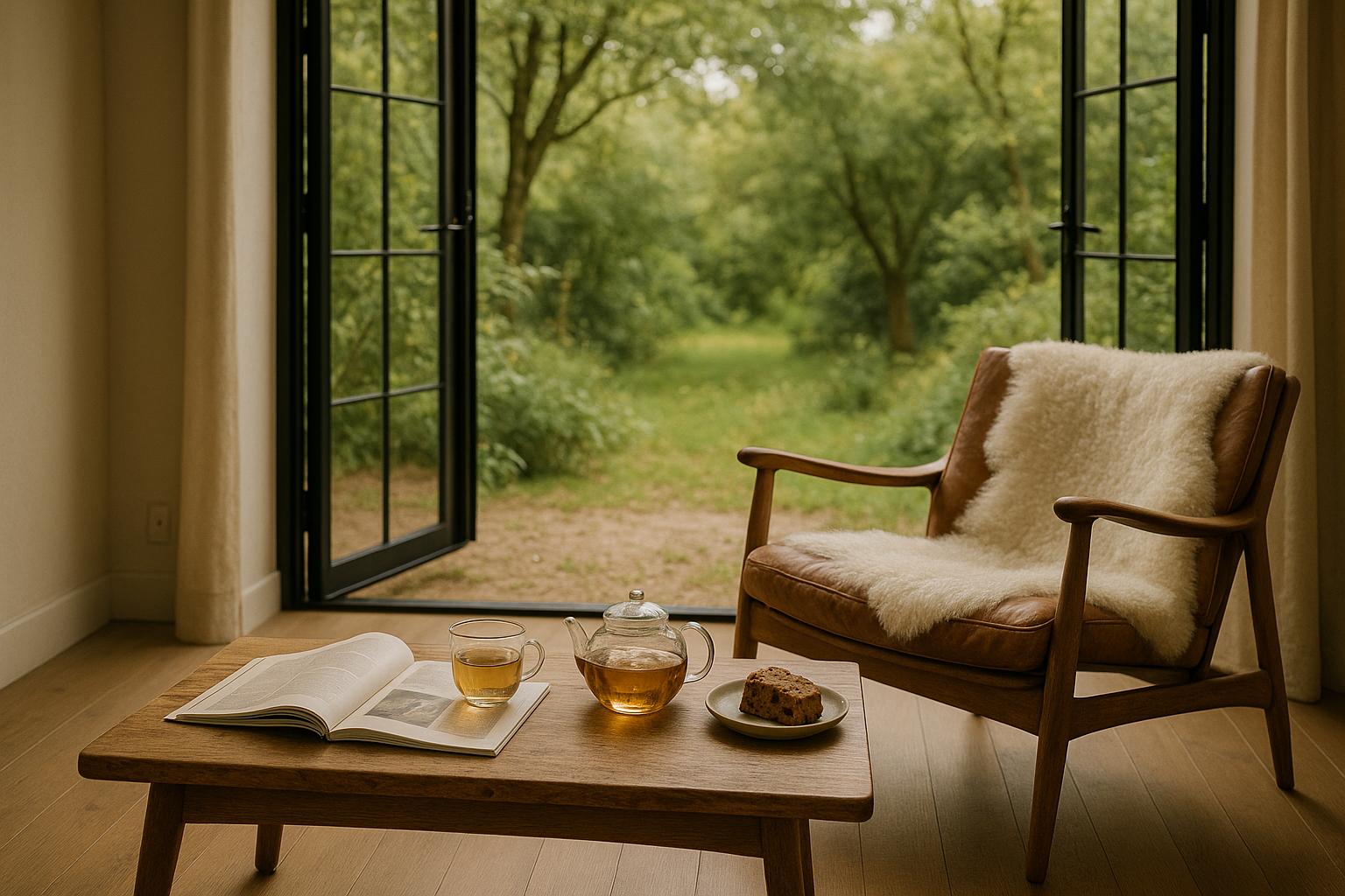 An image of a calm light reading space.  With a natural wood coffee table, a soft worn leather and wood chair with a sheepskin draped over it.  On the table an open A4 size magazine and a cup of herbal tea next to a glass teapot of tea.  And a slice of fruit cake.  The chair is facing a large set of patio doors that are open with a thin black metal frame that leads to a large nature inspired garden and trees.  