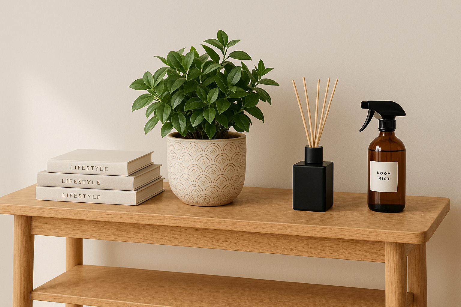 An image of a solid light wood console with lifestyle books and plant on top next them is a reed diffuser in a black square bottle and an amber bottle of room mist next to it.  