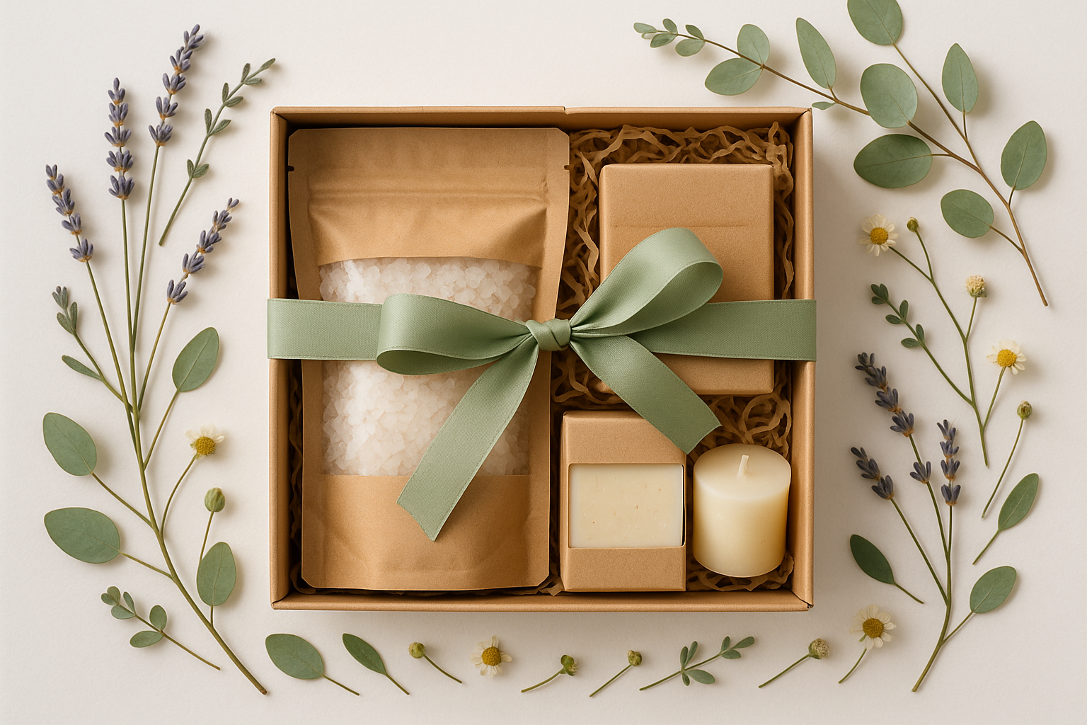 Create an image of a kraft box with a sage green ribbon containing a bath salt in kraft pouch, soap in kraft box, mini cream candle with natural herbs scattered around 