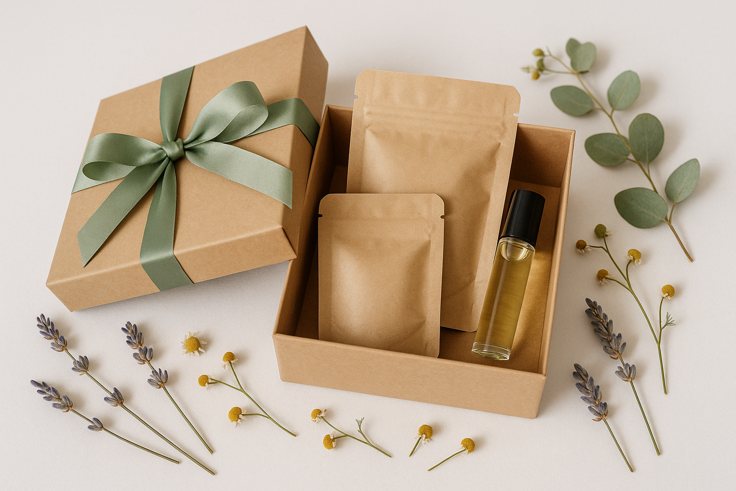 Create an image of a kraft box with a sage green ribbon containing a medium size kraft pouch and a smaller pouch and a rollerball of with natural herbs scattered around 