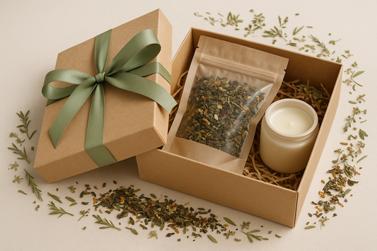 Create an image of a kraft box with a sage green ribbon containing a pouch of loose leaf tea with mini candle in a cream Matt jar no lid with herbs scattered around 