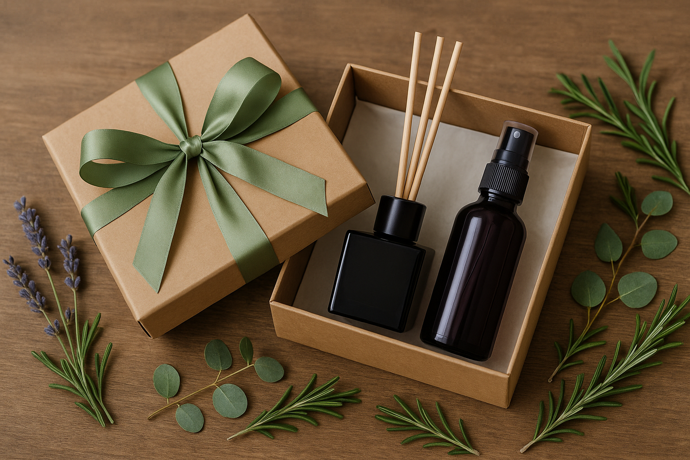 Image of a kraft gift box with sage green ribbon and herbs on the table around it.  Kraft gift box to contain a reed diffuser (natural reeds and a black square bottle) as well as a 100ml violet dark glass spray no label 
