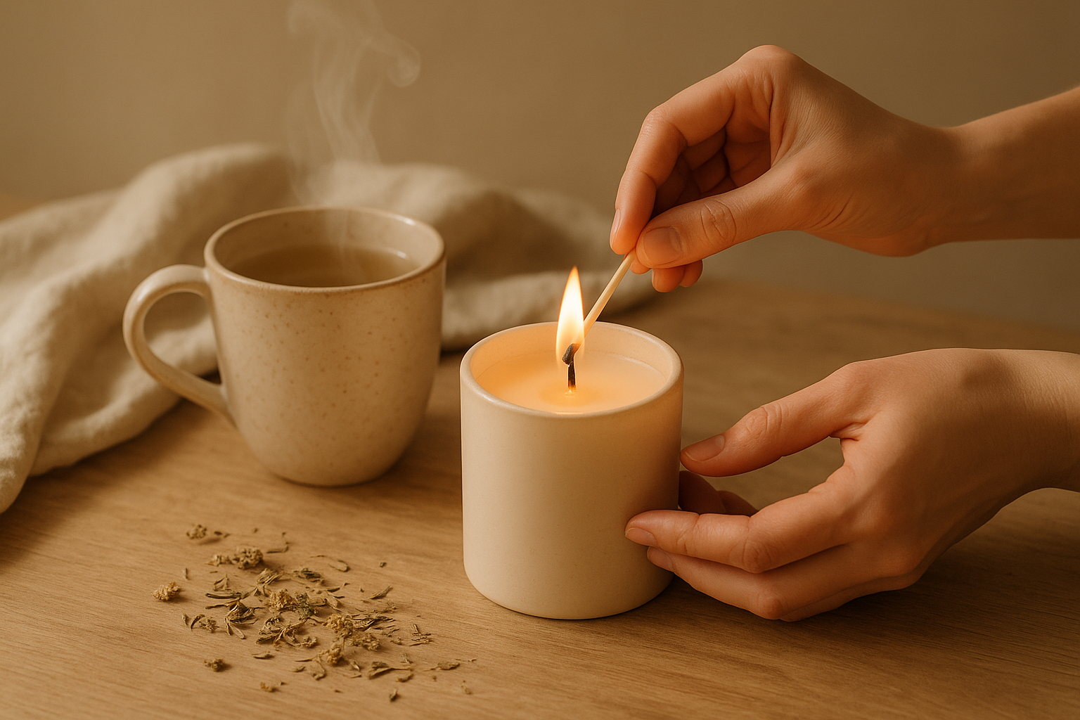 Wellbeing rituals vibe. Someone lighting a candle with herbal tea and linen